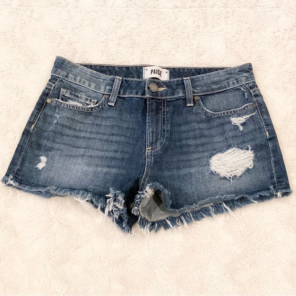 PAIGE Distressed Dark Blue Denim Jean Shorts